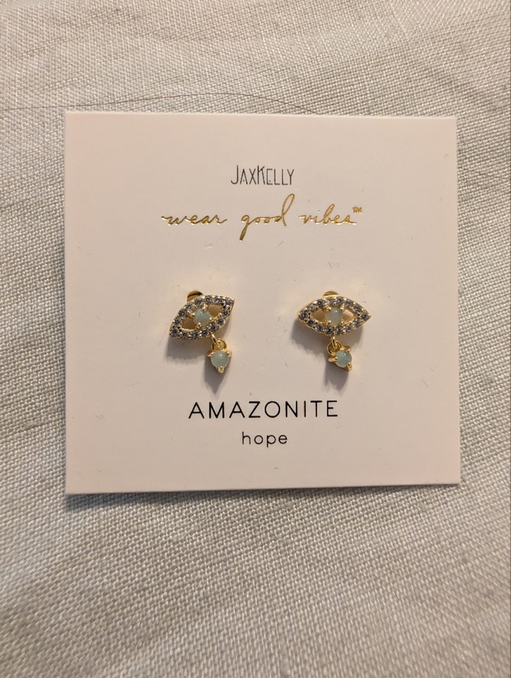 JaxKelly Evil Eye Amazonite & Crystal Gold Drop Earrings Blue Green Studs